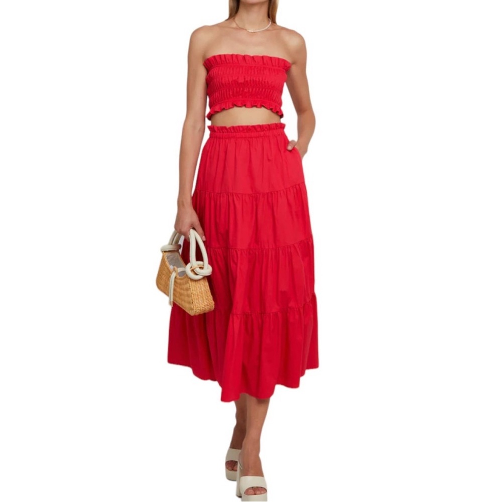 Kourt Ellery Set Smocked Bandeau & Matching Midi Peasant Skirt Pink Summer